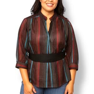 Vintage 80s Striped Sheer Blouse Black Belted Waist Mandarin Collar Metallic